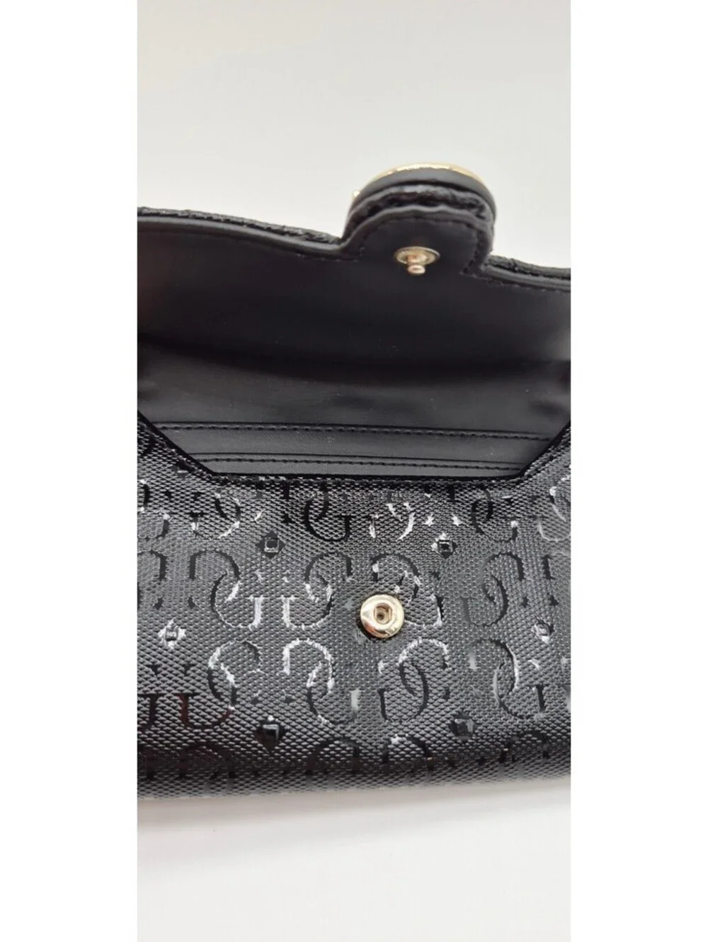 GUESS 1981 Black Monogram Quilted Wallet Gold Clasp